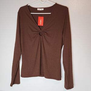 Intempo Women’s Brown Checkered Blouse Size XL  Long Sleeve